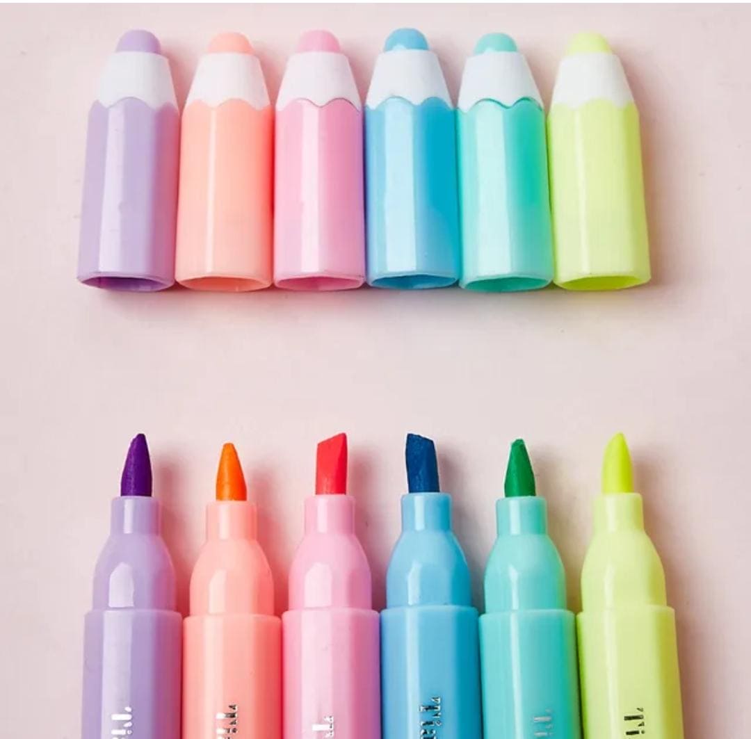Set Of 6 Pencil Shape Highlighter, Cute Design Stamp Highlighter Pens, Fluorescent Coloring Pens for Student Office School Home Set Of 6 Pencil Shape Highlighter, Cute Design Stamp Highlighter Pens, Fluorescent Coloring Pens for Student Office School Home